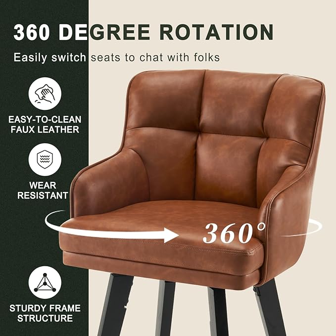 360°Swivel Counter Height Bar Stools with Back, 26 inch Solid Wood Legs, Bar Stool Modern Kitchen Island Chairs, Faux Leather (Brown- Faux Leather, 26" H- Set of 3)