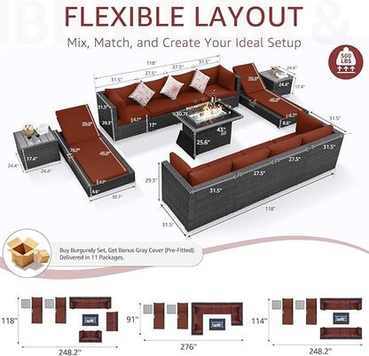 NICESOUL 13 Piece Outside Patio Set with Fire Pit Table, Non-Fading All Weather Deck Furniture Sets with Sun Loungers, Comfy Big Exterior Seat 10-Seater for Garden, Grey Wicker & Burgundy Cushion