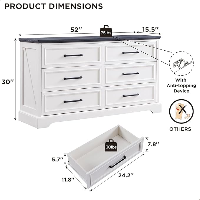 ACCOHOHO Farmhouse 6 Drawer Dresser for Bedroom, 52 Inch Wide Modern Dresser TV Stand with Large Drawers & Bar Handles, Rustic Wood Chest of Drawers for Bedroom, Living Room, Hallway, Off White