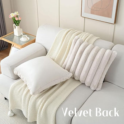 FUTEI Beige Decorative Throw Pillow Covers 24x24 Inch Set of 2, Square Soft Faux Rabbit Fur Thick Striped European Cushion Covers,Winter Home Decor for Couch Bed Living Room