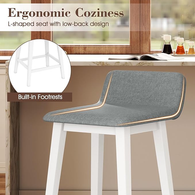 COSTWAY Wooden Counter Stools Set of 2, 24-inch Height Upholstered Padded Seat, Low Backrest, Footrest, Rubber Wood Legs, Armless Barstools for Kitchen Island, Dining Room, White+Gray
