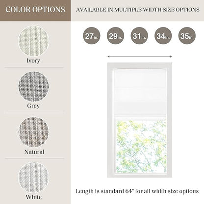 Madison Park Kyler Cordless Roman Shades - Single Panel, Lightweight Linen Blend Fabric, Natural Design, Easy Installation, Light Filtering Window Blind, Bedroom, Living Room Decor 31"W x 64"H White