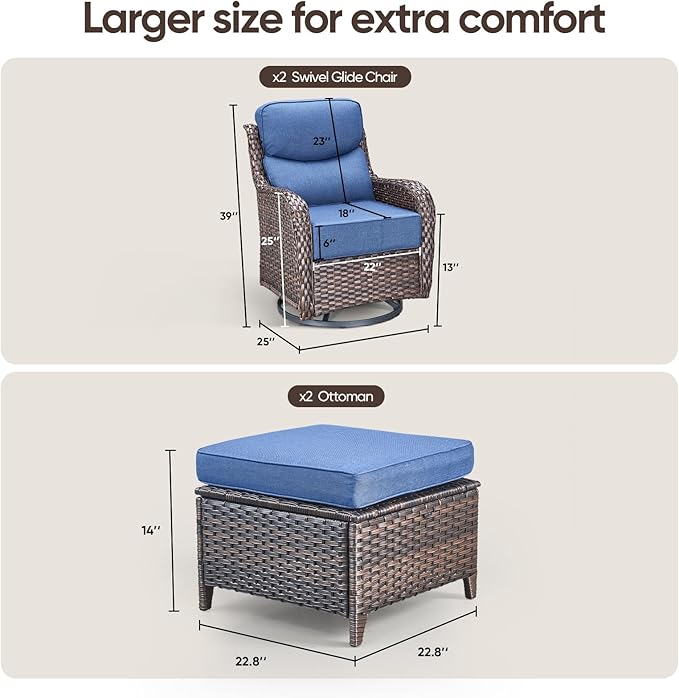 Swivel Patio Chairs sofa Set of 4 with 6" Thick Cushion - Wicker Outdoor Swivel Rocker Patio Chair with Side Table, High Back Comfortable Outdoor Glider Chairs - Brown Wicker | Blue Cushions