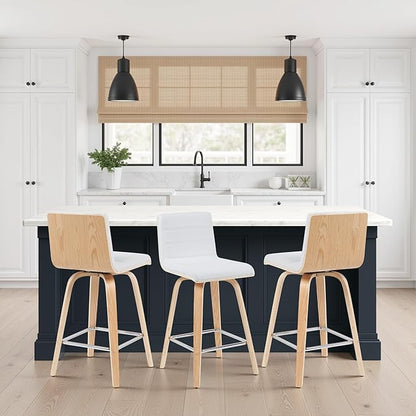 Vienna Modern Counter Height Swivel Bar Stool with White Faux Leather Seat and Patterned Oak Wood Frame Set of 3