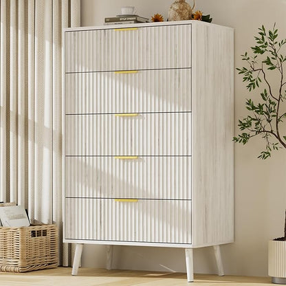 LYNSOM Fluted Dresser and Nightstand Sets 3 Piece, 5-Drawers Dresser and 2-Drawer Nightstands Set of 2, Wood Bedroom Furniture Set for Home, Bedroom, Hallway, White