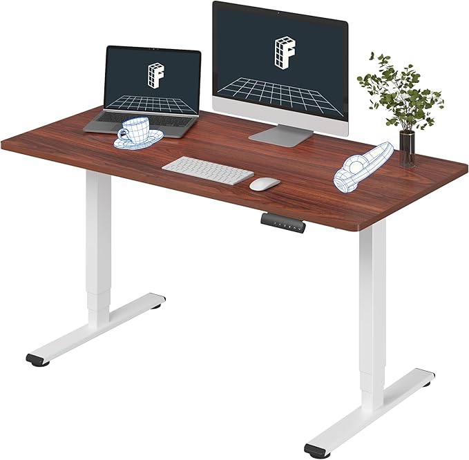 FLEXISPOT E6 3 Stages Dual Motor Electric Standing Desk 55x28 Inch Whole-Piece Board Height Adjustable Electric Sit Stand Desk(White Frame + Mahogany Desktop, 2 Packages)