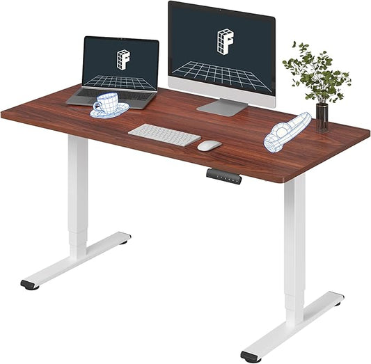 FLEXISPOT E6 3 Stages Dual Motor Electric Standing Desk 55x28 Inch Whole-Piece Board Height Adjustable Electric Sit Stand Desk(White Frame + Mahogany Desktop, 2 Packages)