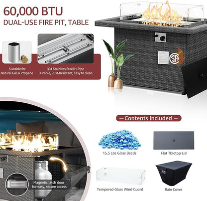 NICESOUL 13 Piece Outdoor Furniture with Fire Pit, Luxurious Wicker Patio Conversation Sets with Lounger, Sturdy 500 Lbs Heavy Duty 10-Person Deep Wide Outdoor Couch Set for Deck, Lawn, Grey&Burgundy