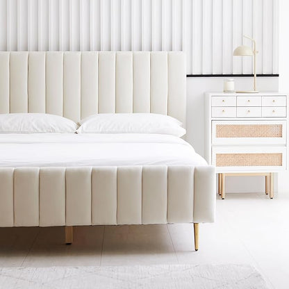 Livinia Full Size Elton Velvet Platform Bed, Upholstered Bed Frame with Vertical Channel Tufted Headboard Footboard, Strong Wood Slats, No Box Spring Needed, Ivory (Full)