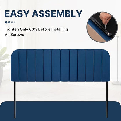 Upholstered Headboard - Striped Interval - Adjustable Height - Metal Legs - Bed Frame (Blue, Queen (U.S. Standard))