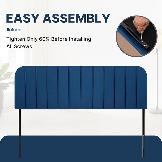 Upholstered Headboard - Striped Interval - Adjustable Height - Metal Legs - Bed Frame (Blue, King (U.S. Standard))
