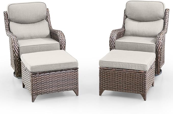 Swivel Patio Chairs sofa Set with 6" Thick Cushion - Wicker Outdoor Swivel Rocker Patio Chair with Side Table, High Back Comfortable Outdoor Glider Chairs - Brown Wicker | Beige Cushions | 4pcs