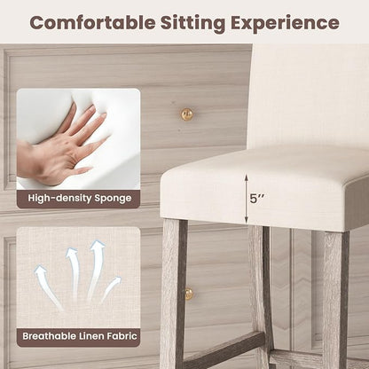 COSTWAY Upholstered Counter Height Stools Set of 4, Bar Stools w/Ergonomic Backrest, Solid Wood Frame, 24.5” Fabric Counter Height Chairs for Kitchen Island, Dining Room, Pub (Beige)