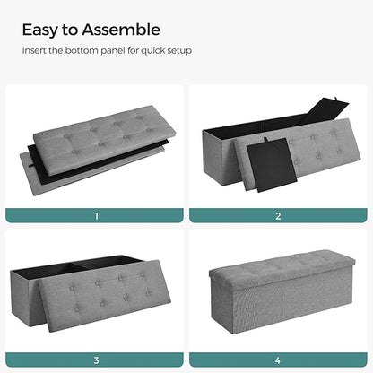 SONGMICS MAZIE Collection - 43 Inches Ottoman Storage Bench, 35 Gal. Folding Chest with Breathable Linen-Look Fabric, Load up to 660 lb, for Entryway, Living Room, Bedroom, Light Gray ULSF077G05
