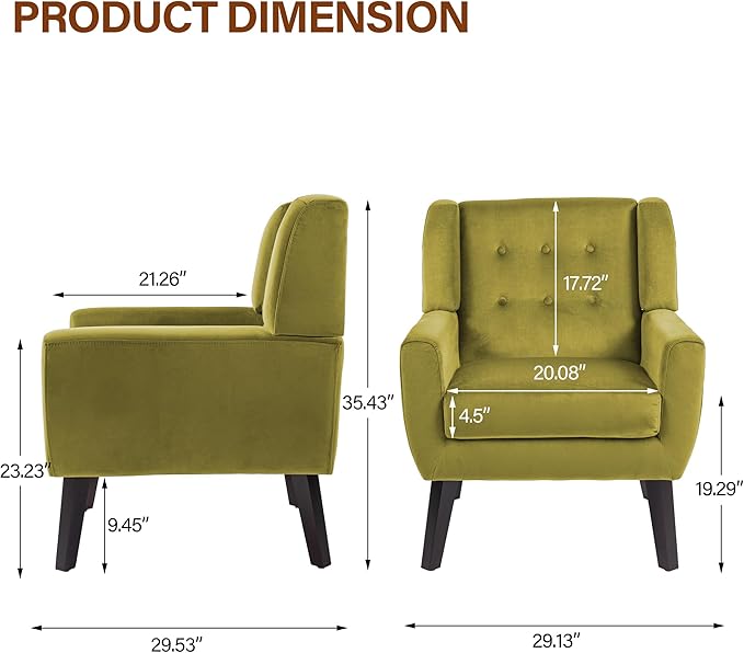 Lumibee Accent Chairs Set of 2, Velevet Fabric Armchairs for Living Room, Comfy Upholstered Arm Chairs Tufted for Indoor Bedroom Office Room (Green Velvet)