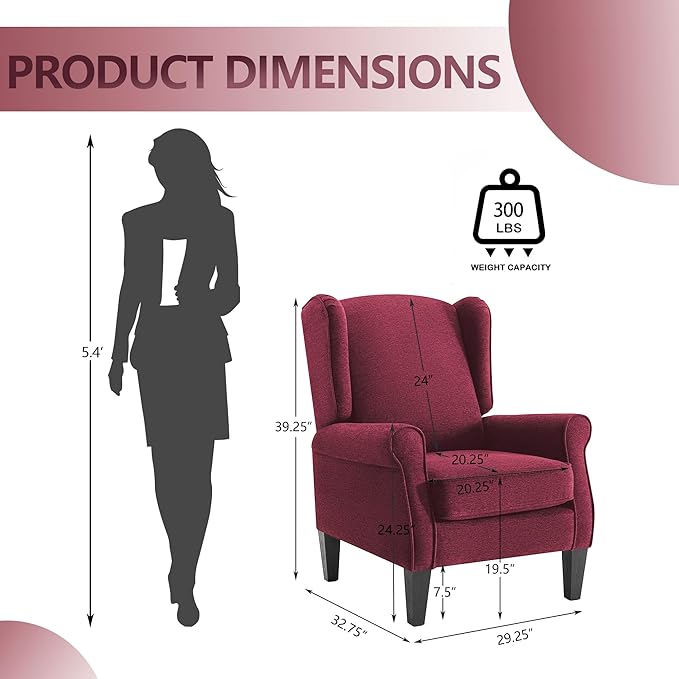 Dark Red Accent Chairs, Bedroom Burgundy Reading Chairs in Fabric, Elegant English Sidechair with Wing Back, Classic Modern Living Room Armchairs Sillas para Sala