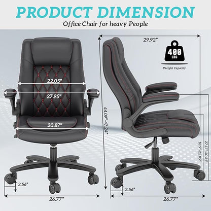 GYI High Back Executive Office Chair, Big and Tall Office Desk Chair 400LBS with Lumbar Support, Flip-up Armrests, Rubber Wheels, Black