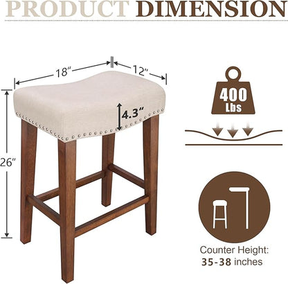 PrimeZone Counter Height Bar Stools Set of 3 - Backless Saddle Barstools with 4.3" Thick Upholstered, Nailhead Trim Linen Fabric & Solid Wood Legs, 26 Inch Counter Stools for Kitchen Island, Beige
