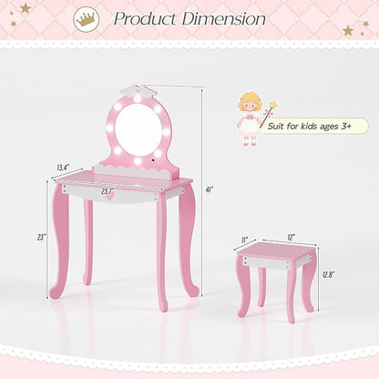 MU Kids Vanity Set with Lighted Mirror and Stool, Kids Make Up Vanity Desk with Storage Space, Wing Pattern for Little Girls, Toddler Princess Makeup Dressing Table with Chair Set, Pink