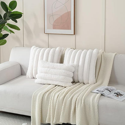 FUTEI Cream White Decorative Throw Pillow Covers 18x18 Inch Set of 2, Square Soft Faux Rabbit Fur Thick Striped Cushion Cover,Winter Home Decor for Couch Bed Living Room