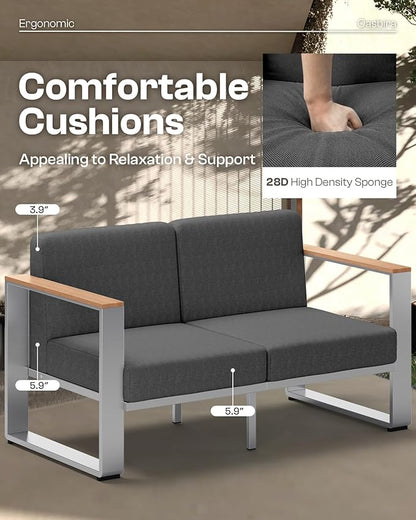 Aluminum Patio Furniture Set, 5 Seats Outdoor Patio Conversation Sets with Ergonomic Seat and Washable Thick Cushions, Modern Outdoor Sectional Furniture for Balcony, Porch (Teak-Charocal)
