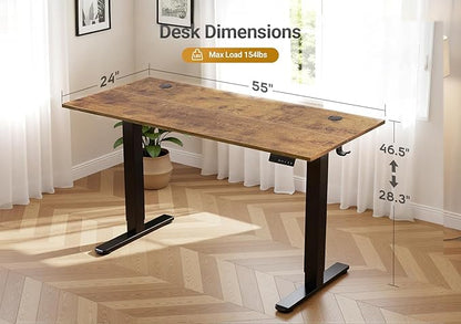 Seang Electric Height Adjustable Standing Desk, 55 x 24 Inch Sit Stand Desk with T-Shaped Frame, 3 Memory Presets & Cable Management for Home Office Computer Workstation, Black Frame/Rustic Brown Top