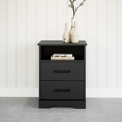 Prepac Rustic Ridge Farmhouse Nightstand Bedside Table, Black Nightstand for Bedroom, End Table with 2 Drawers and Open Shelf 16.25"D x 18.75"W x 24.5"H
