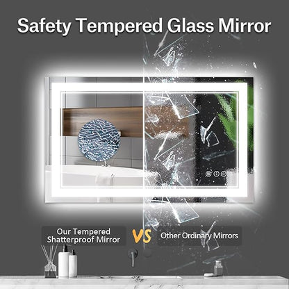 44 x 32 Inch LED Bathroom Mirror, Front Light and Backlit Lighted Vanity Mirror, Anti-Fog, Dimmable Memory, Shatterproof, Wall-Mounted