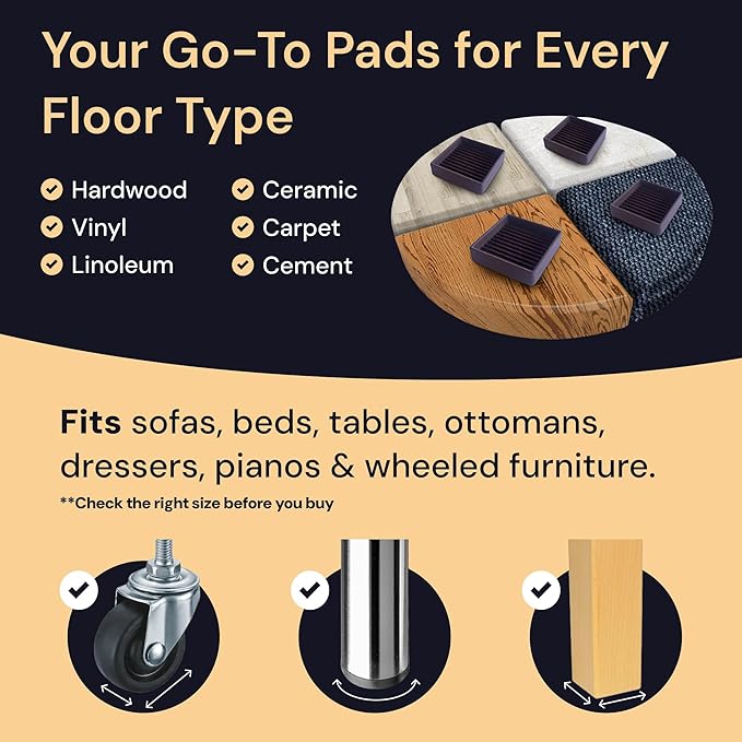 CasterMaster Rubber Furniture Feet Caster Cups for Hardwood Floors - 2 in x 2 in Black Round (4-Pack) - Non-Slip Foot Pads & Sofa Grips