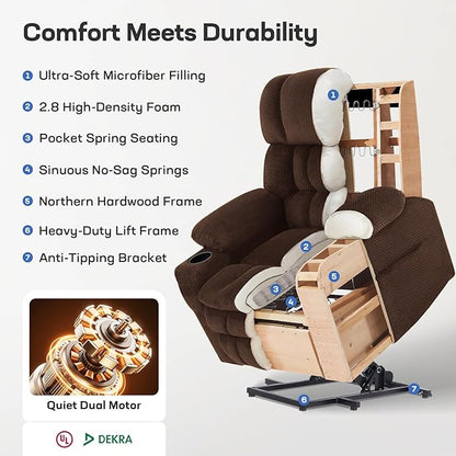 Tami Tami Dual Motor Power Lift Chair Recliner for Elderly with Massage and Heat, Infinite Position Electric Lift Recliner with Adjustable Headrest, USB (T6015 - Plush Fabric, Dark Brown, Medium)