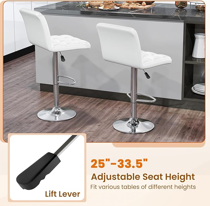 COSTWAY Bar Stools Set of 2, Modern PU Leather Swivel Bar Chairs, Height Adjustable Upholstered Barstools with Premium Gas Rod, Sturdy Footrest, Round Base, for Kitchen, Dining Room, Office,White