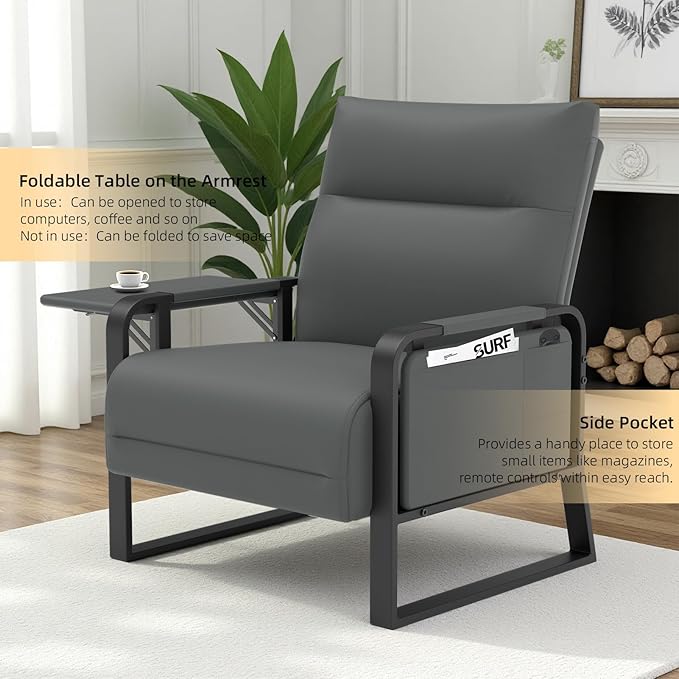 Faux Leather Accent Chairs Set of 2 with Flip Up Tray Tables Soft Backrest for Living Room Office Bedroom Modern Accent Chairs, Gray