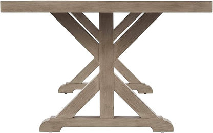 Signature Design by Ashley Beachcroft Modern Farmhouse Outdoor Rectangular Dining Table with Porcelain Table Top, Seats 6 to 8, Umbrella Hole with Cap, Beige