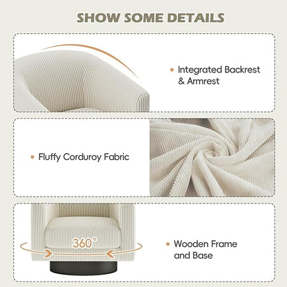 360° Swivel Accent Chairs, Modern Bucket Chair, Corduroy Barrel Armchair, Comfy Boucle Chair, Single Sofa for Living Room Bedroom. Cream White