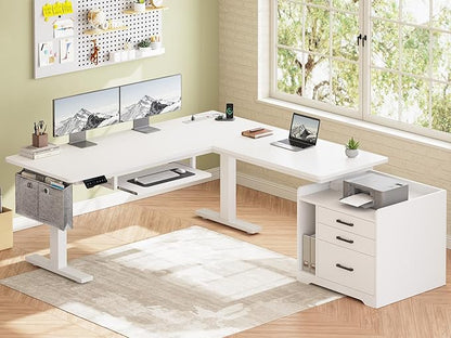 SEDETA L Shaped Electric Standing Desk with File Cabinet, 63 x 53'' Height Adjustable Home Office Computer Desk with Drawers, Power Outlet, Stand up Gaming Table with Led Lights, Keyboard Tray, White