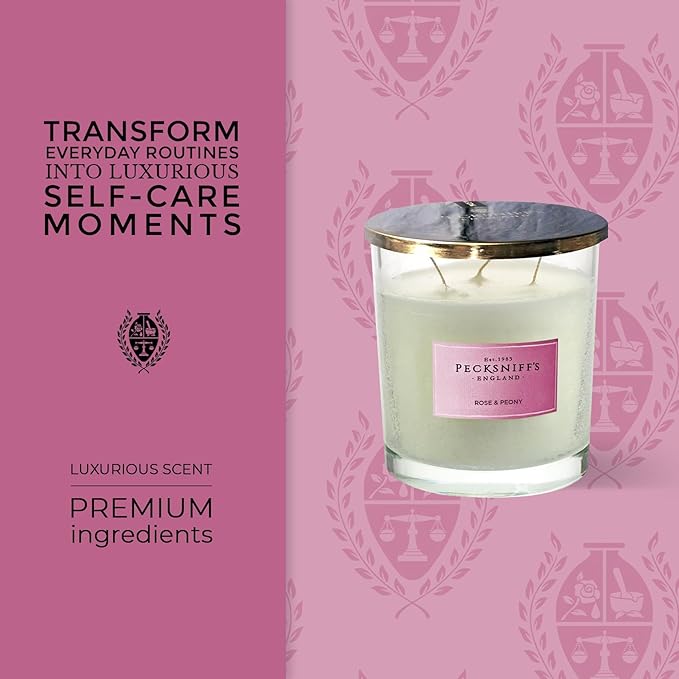 Pecksniffs White Scented Candle | Rose & Peony Fragrance Candles for Home Scented | Elegant Glass Vessel with Metal Lid | 3 Wicks Luxury Candles, 550g/19.4oz