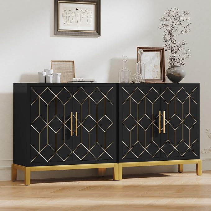 HLR Accent Cabinet with Gold Trim,Storage Cabinet with 2 Doors,Modern Wooden Sideboard for Living Room, Kitchen, Office and Hallway,Black