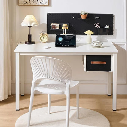 White Computer Desk with Drawer, 47 Inch Home Office Work Desks, Modern Writing Study PC Desk Gaming Table for Small Place Bedroom, Thickened Tabletop and Stable Metal Frame Leg Support