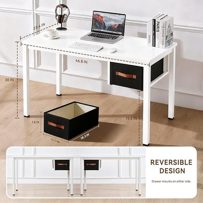 White Computer Desk with Drawer, 47 Inch Home Office Work Desks, Modern Writing Study PC Desk Gaming Table for Small Place Bedroom, Thickened Tabletop and Stable Metal Frame Leg Support