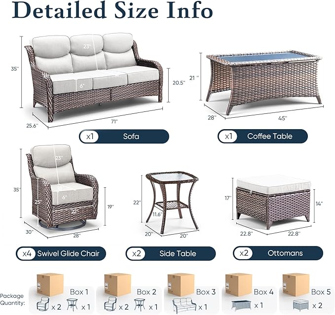 Belord Luxury 6" Thick Cushioned 10 Pieces Patio Furniture Set with Outdoor Couch, Wicker Outdoor Conversation Set with High Back Swivel Rocker Chairs for Deck Porch Yard and Poolside - Brown+Beige
