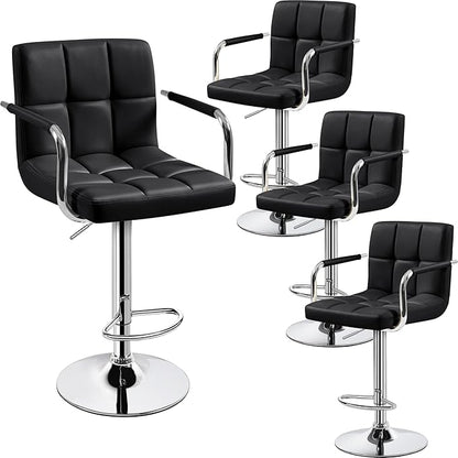 Yaheetech Bart Stools Set of 4, PU Leather Adjustable Barstools with Armrest, Counter Height Stool Chairs with Thickened Seat Cushion for Kitchen Island, Black