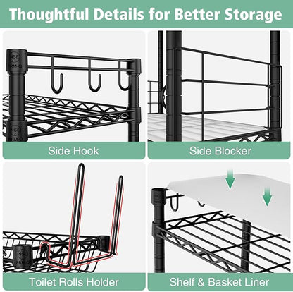 PrimeZone Over The Toilet Storage Shelf - 4 Tier Adjustable Metal Bathroom Wire Shelves Organizer with 2 Hooks, Freestanding Above Toilet Storage Rack for Bathroom Laundry, White
