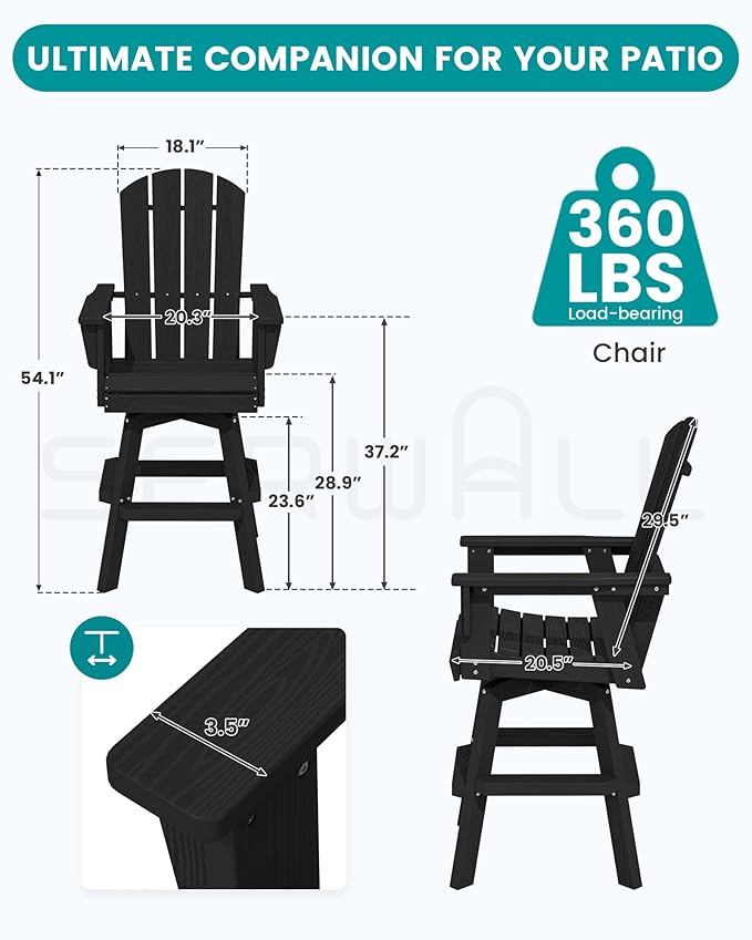 SERWALL Swivel Adirondack Bar Chairs Set of 2, HDPE Outdoor Swivel Barstools Chairs Set of 2 for Bistro, Poolside, Garden, Black