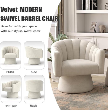 Swivel Accent Chair,Upholstered Velvet 360° Swivel Barrel Chair for Living Room Overstuffed Bouncle Reading Chair Round Armchair for Bedroom,Vanity,Office(Beige)