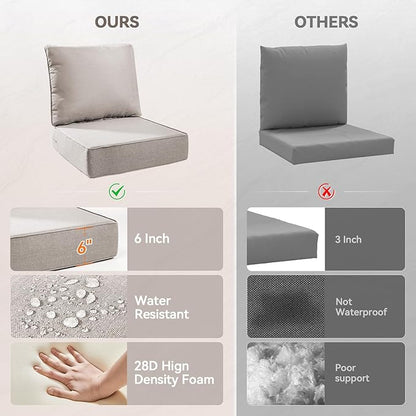 Luxury 6" Outdoor Cushions for Patio Furniture, 24x24x6" Thick Seat Cushion Set of 6, Fade Resistant Couch Chair Replacement Cushions High Density Deep Wicker Chair Cushion w/ Removable Cover, Beige