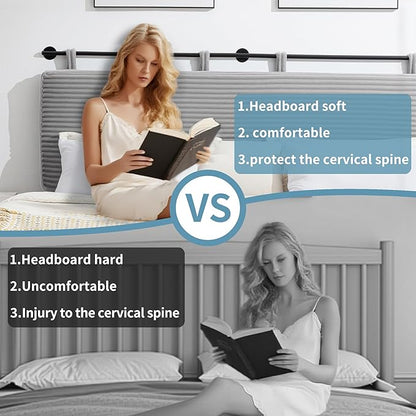 UEV Queen Headboard Only, Wall Mounted Hanging Upholstered Bed Head Board, Modern Vertical Channel Design of Fine Flannel, Elegant Grey Fluted Headboard for Bedroom (Grey, Queen Size)