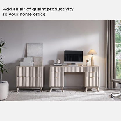 T4TREAM Modern Fluted Executive Desk with Drawers, 60" Home Office Computer Desk with Charging Station & Keyboard Tray, Alder White