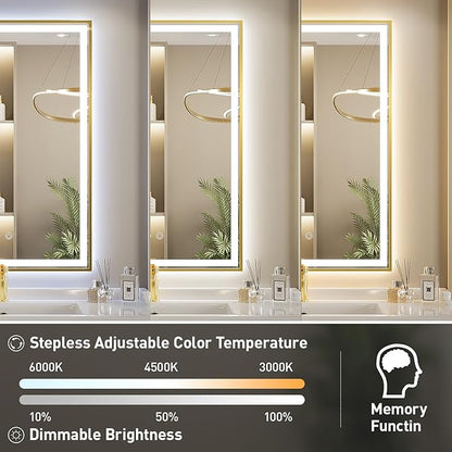 24X36 Inch Led Bathroom Mirror,Frontlit & Backlit Lighted Mirror,Gold Metal Frame Vanity Mirror for Wall,Double Lights Strips,Anti Fog Stepless 3 Colors Temperature & Dimmable