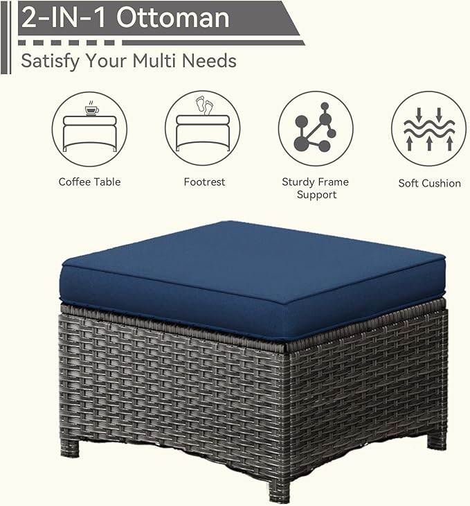 Wicker Patio Furniture Set 8-PCS with A 3-Seat Sofa, 2 Swivel Rocking Chairs, 2 Armchairs, 2 Ottomans and 1 Side Table Patio Conversation Set, Blue