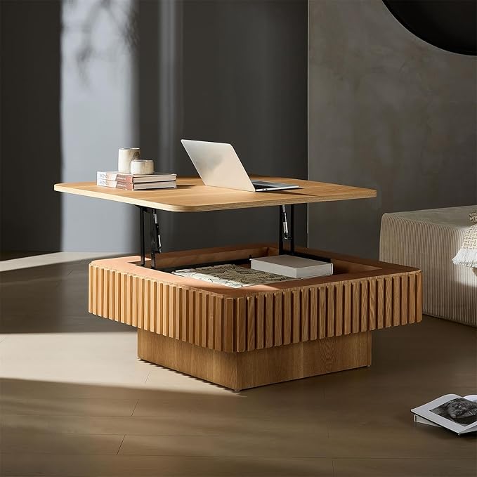 Square Lift-top Coffee Table for Living Room, Fluted Coffee Tables with Hidden Storage, Solid Wood Veneered Modern Tea Center Table for Small Space Apartment (Natural-35.43''D×14.57''H)